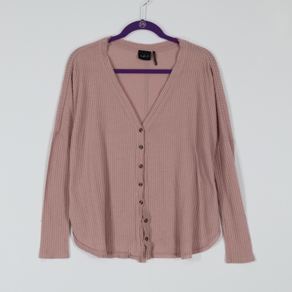 Out From Under Waffle Knit Top Womens S Purple Slouchy Raw Hem Button Up Casual